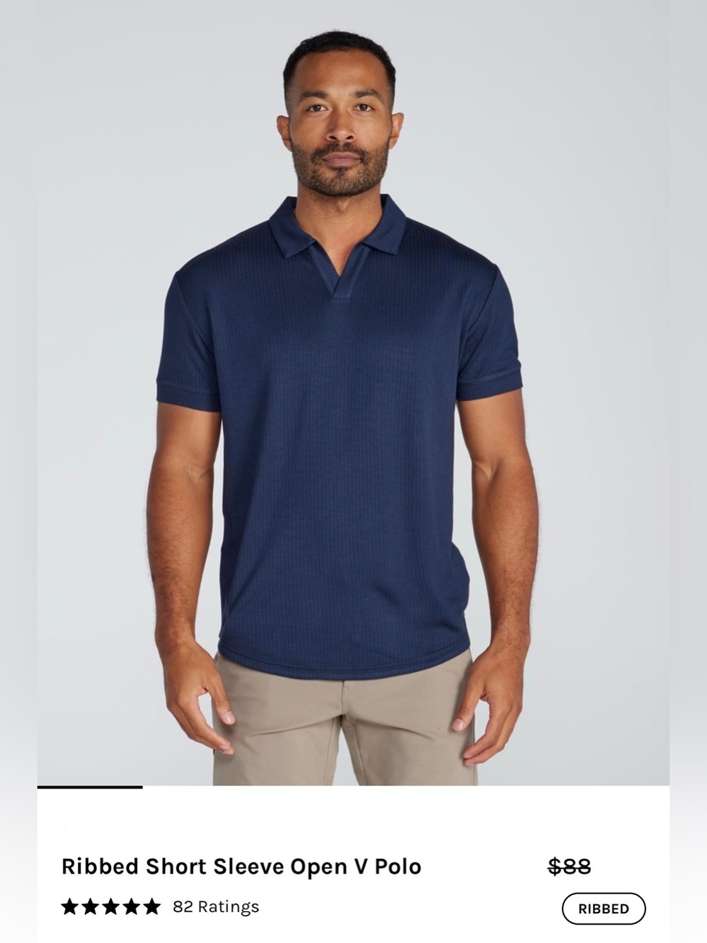 BYLT Ribbed Short Sleeve Open V Polo in Navy